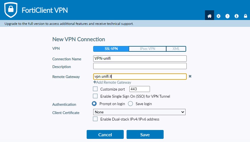 Schermata di creazione VPN con forticlient per Windows