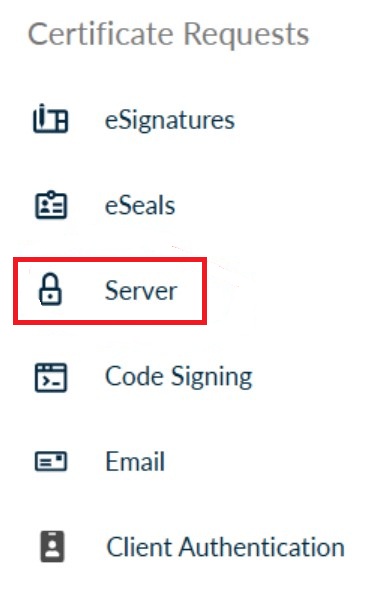 Immagine del men&ugrave; Certificate Request con la voce server in evidenza